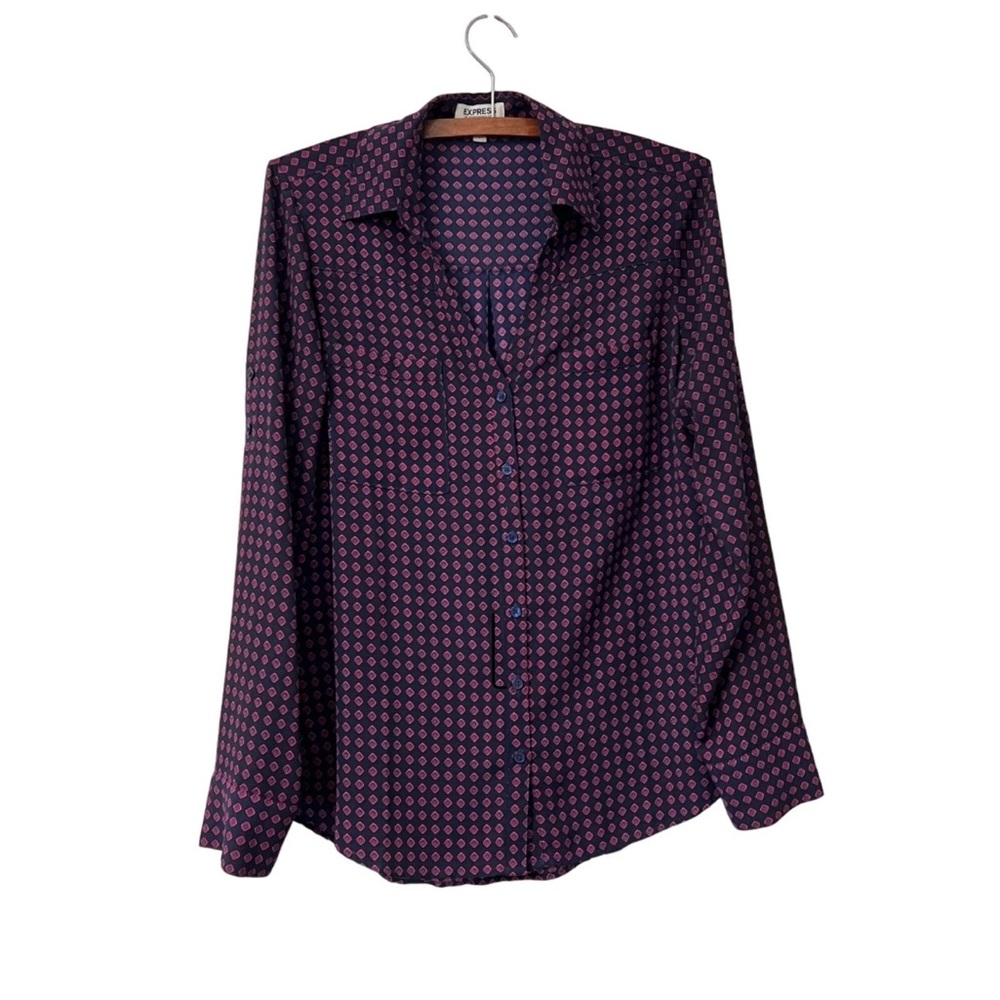 Express Portofino long sleeves Navy Blouse with Pink Geometric Print